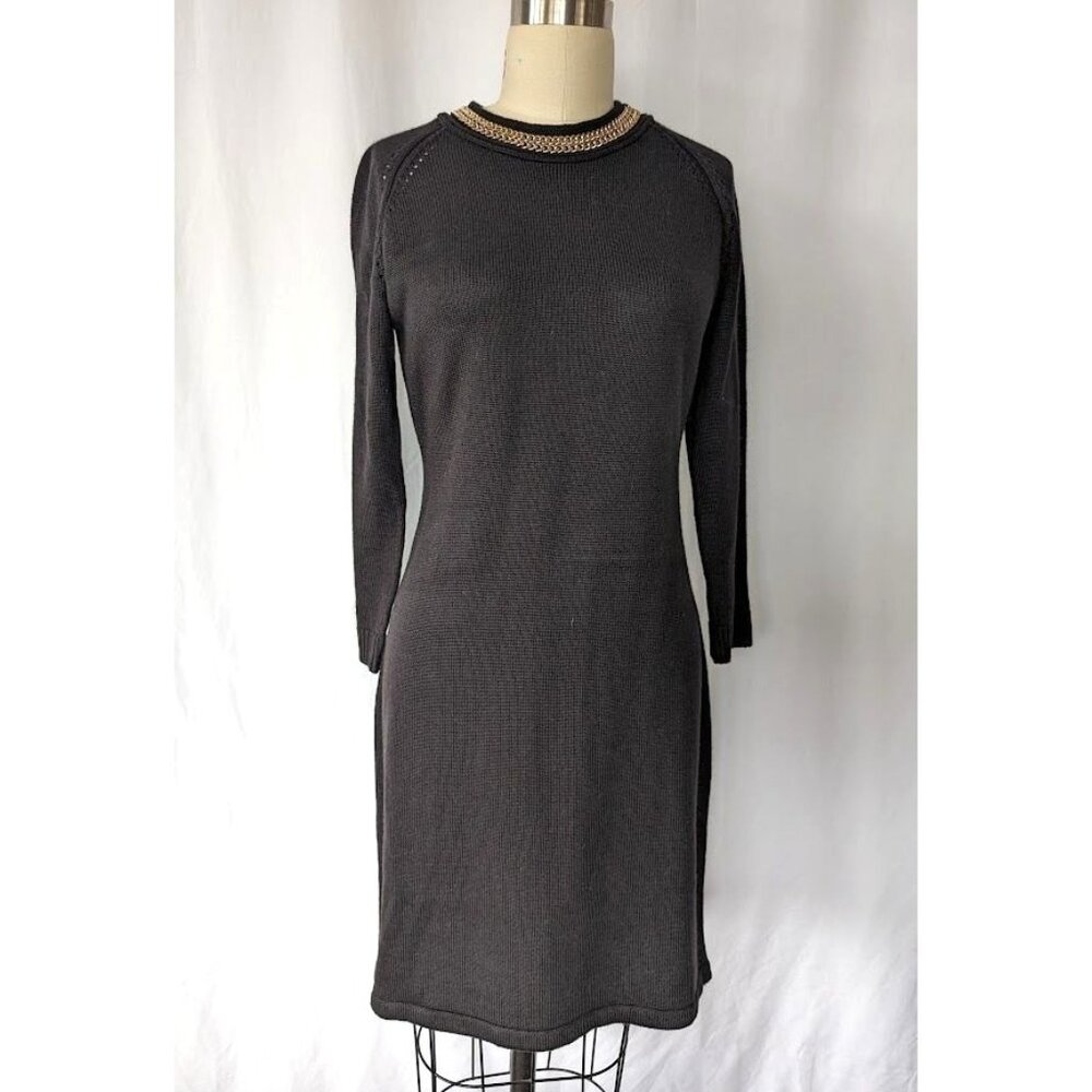 Calvin Klein Fitted Knee Length Dress Womens Medium Knit Long Sleeve Gold‎ Chain
